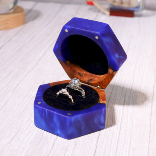 Custom Hexagonal Blue Resin Double Ring Box