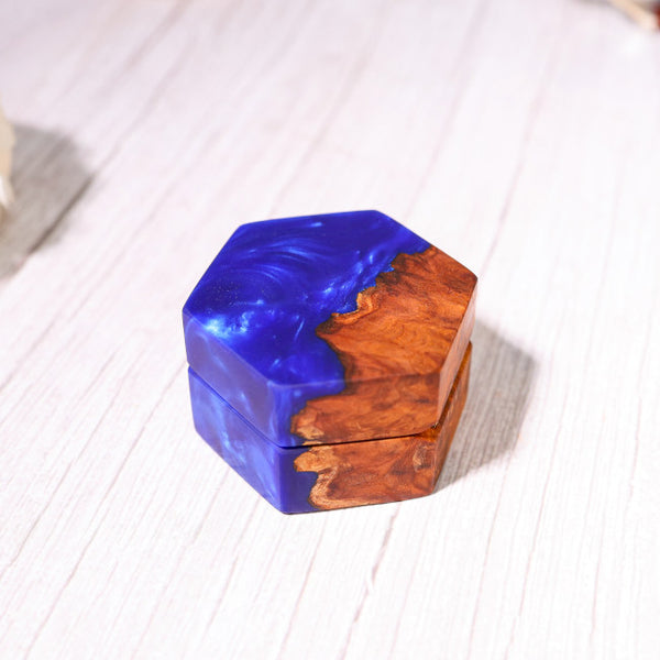 Custom Hexagonal Blue Resin Double Ring Box