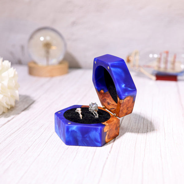 Custom Hexagonal Blue Resin Double Ring Box