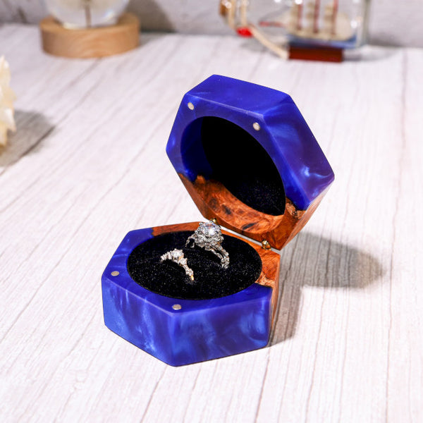 Custom Hexagonal Blue Resin Double Ring Box