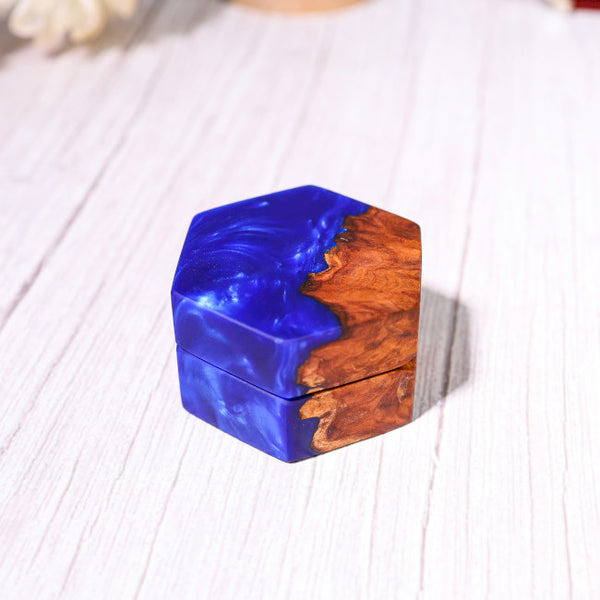 Custom Hexagonal Blue Resin Double Ring Box