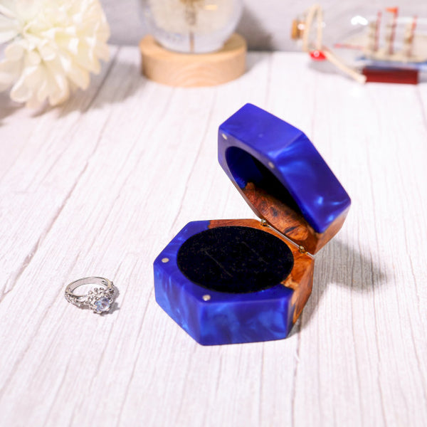 Custom Hexagonal Blue Resin Double Ring Box