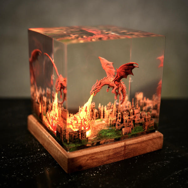 Fantasy Dragon Breathing Fire on City Lamp