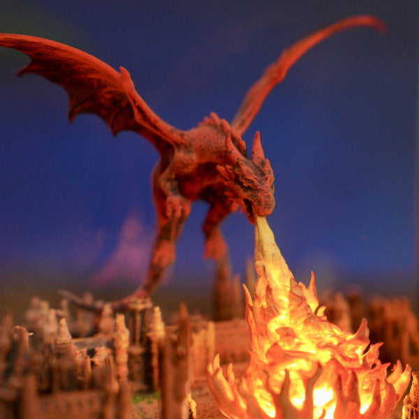Fantasy Dragon Breathing Fire on City Lamp