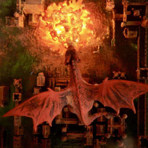 Fantasy Dragon Breathing Fire on City Lamp