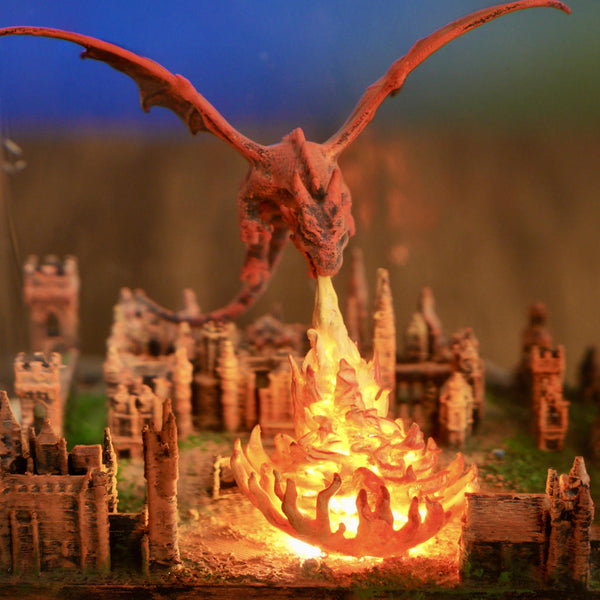 Fantasy Dragon Breathing Fire on City Lamp