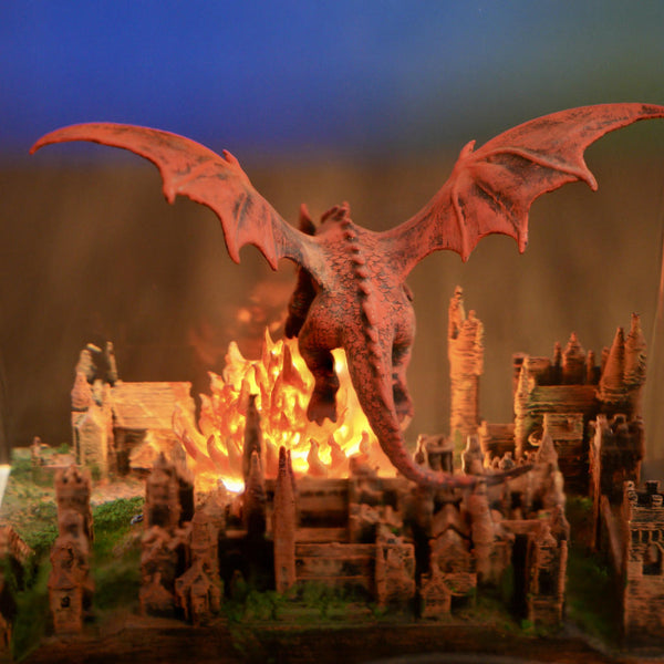 Fantasy Dragon Breathing Fire on City Lamp