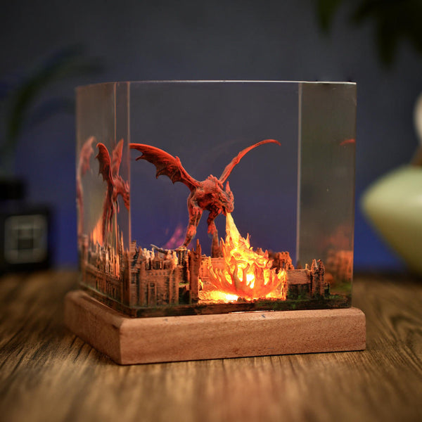 Fantasy Dragon Breathing Fire on City Lamp