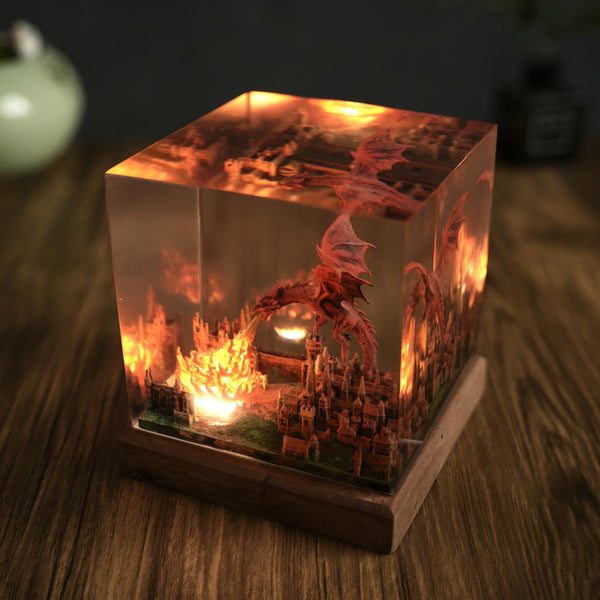 Fantasy Dragon Breathing Fire on City Lamp