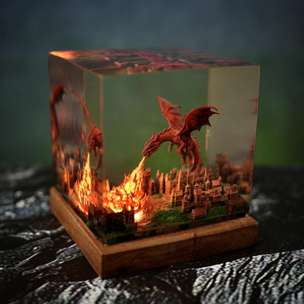 Fantasy Dragon Breathing Fire on City Lamp