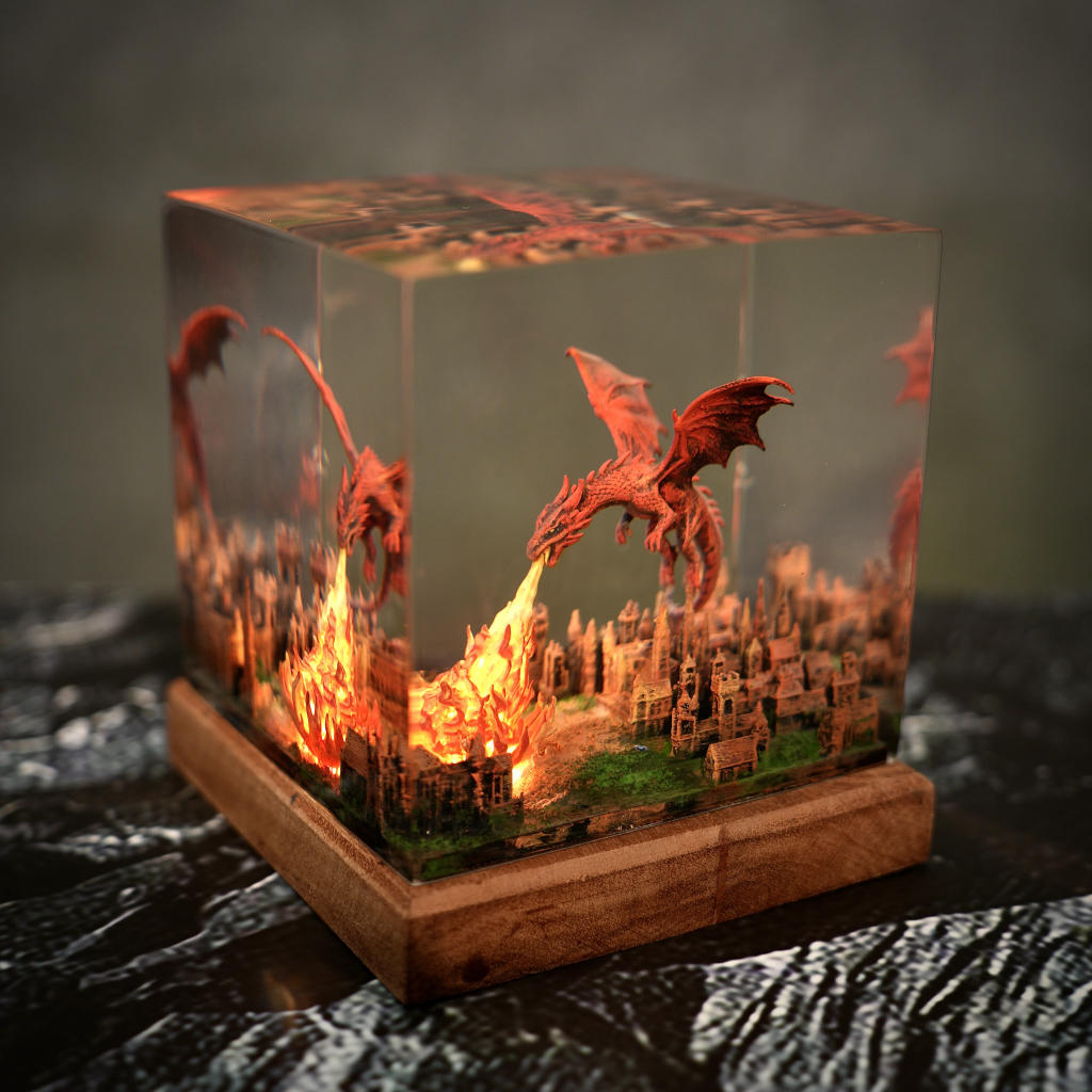 Fantasy Dragon Breathing Fire on City Lamp