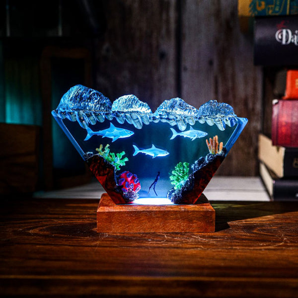 Inverted Triangle White Shark & Diver Epoxy Lamp