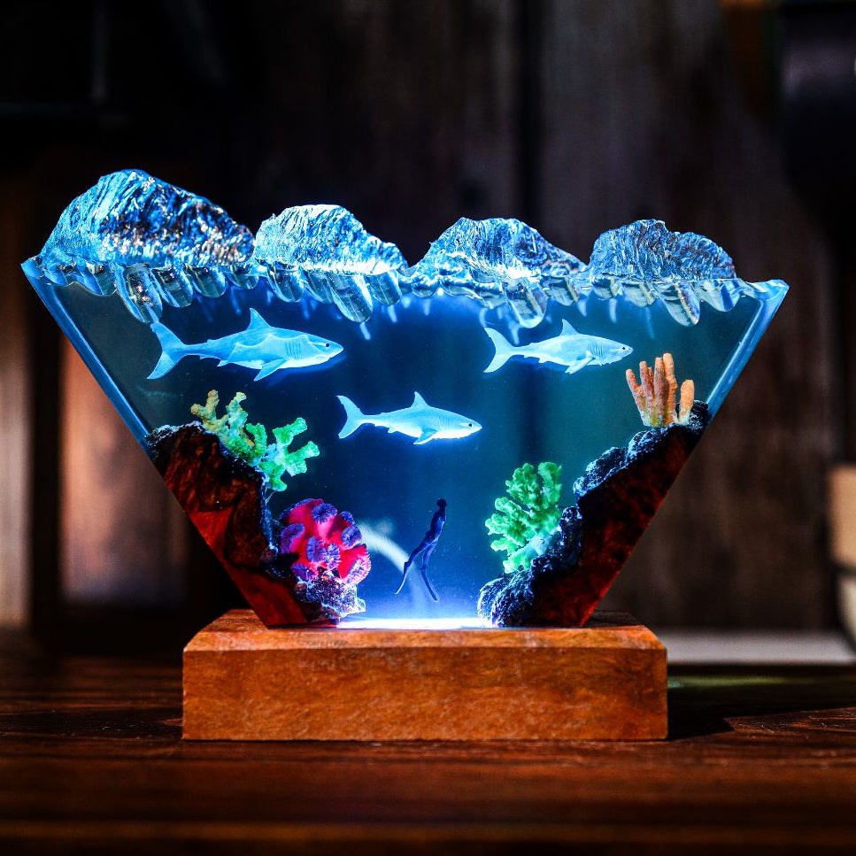 Inverted Triangle White Shark & Diver Epoxy Lamp