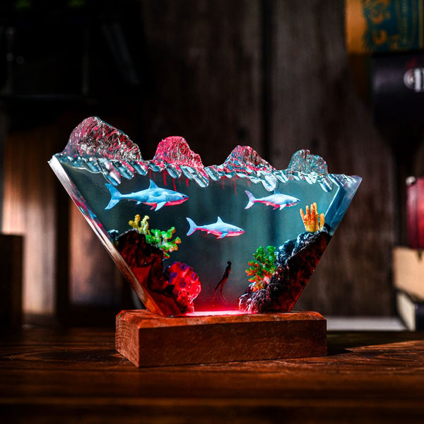 Inverted Triangle White Shark & Diver Epoxy Lamp