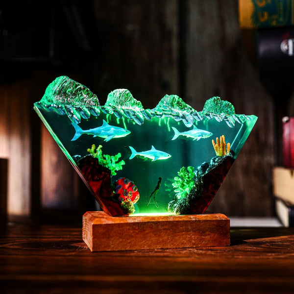 Inverted Triangle White Shark & Diver Epoxy Lamp